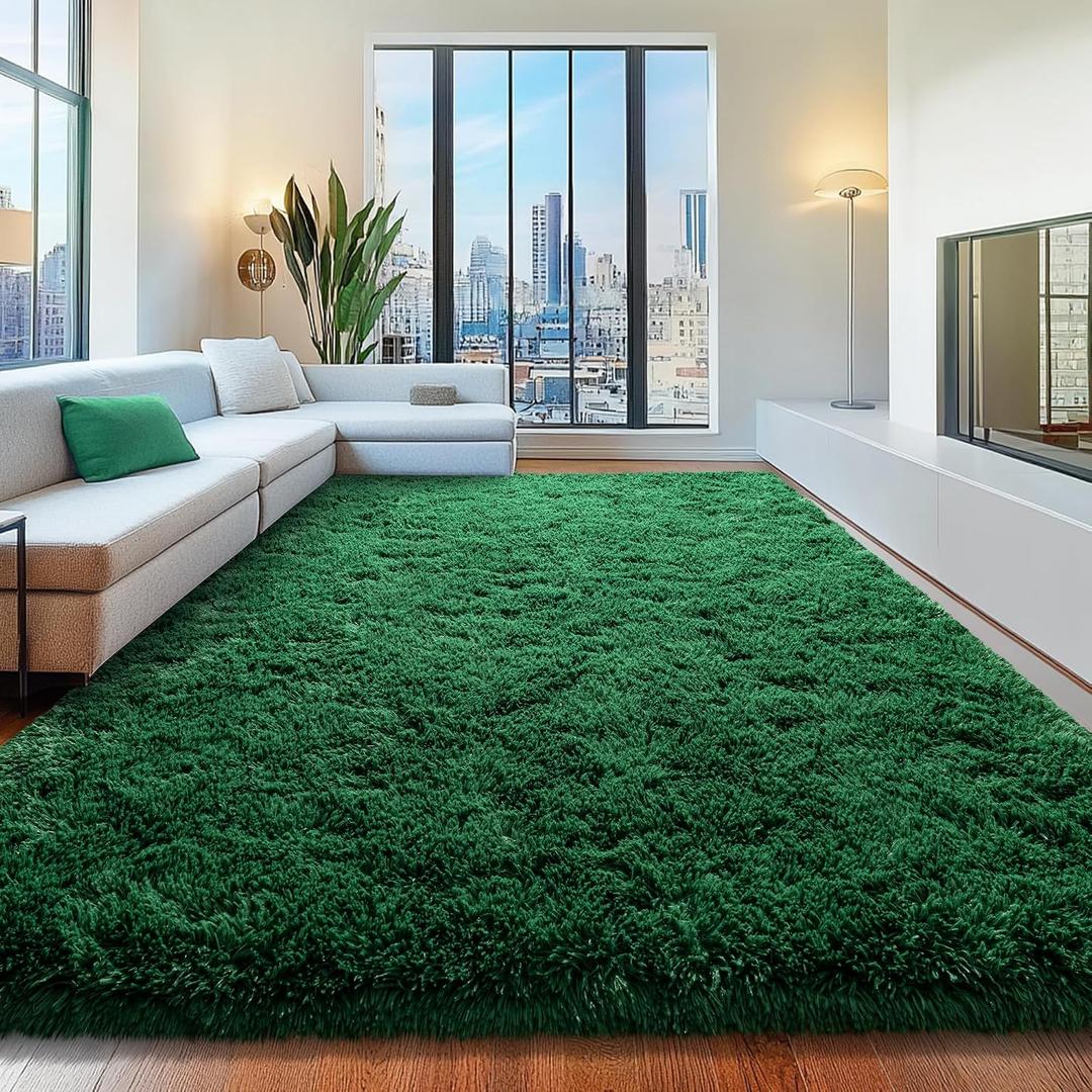 8x10 Area Rugs for Living Room, Green Fluffy Shaggy Rug Soft Carpets, Big Rugs for Bedroom Nursery Kids Room Dorm Home Decor Aesthetic, Dark Green