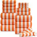 18 Pcs Orange Cabana Stripe Family Towels Set with Hanging Loop-6 Bath Sheets,6 Hand Towels,6 Washcloths Ultra Soft Bathroom Towel Highly Absorbent Quick Dry Shower Towel for Beach Chair,Spa,Gym,Hotel
