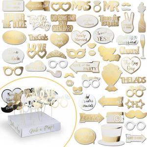 SOUL SHIFT 60PCs Fully Assembled Wedding Photo Booth Props - Prop Stand - Gold Signs - Elegant Wedding & Reception Party Supplies- Funny Wedding Props -Gold Foil Print – Bridal Photo Booth