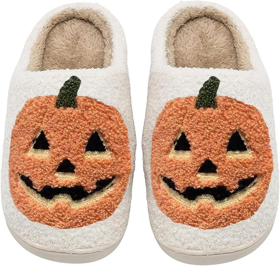 Halloween Pumpkin Slippers for Womens Mens Plush Warm Spooky Lantern Pumpkin Slippers House Shoes (7.5-8.5 Women/6.5-7.5 Men)