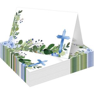 Baptism Table Place Cards, Greenery Place Cards for Table Setting, First Holy Communion Christening Religious Christening Celebration Fill-in Place Cards, 25 Pack -03