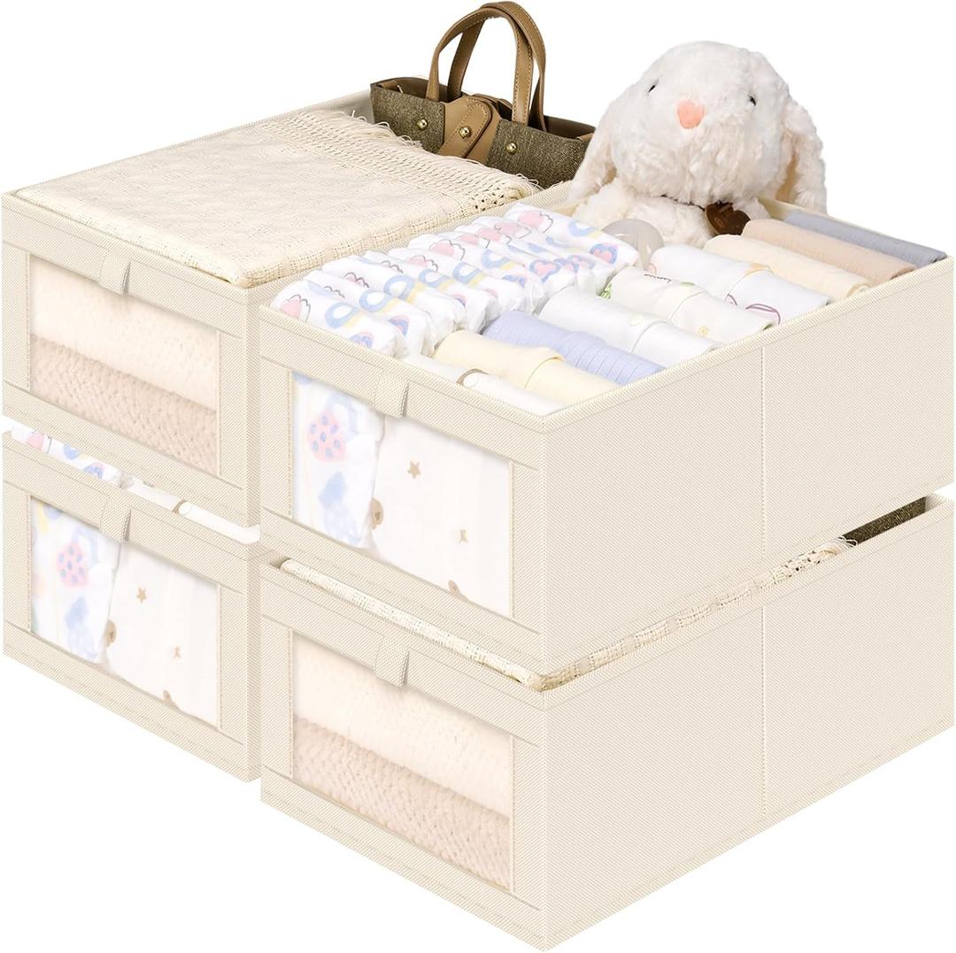 Criusia Closet Organizers and Storage, 4 Pack Linen Closet Baskets with Mesh Window for Organization, Foldable Closet Organizer for Clothing, Towels, Toys, Nursery, Books, Shelves, Beige