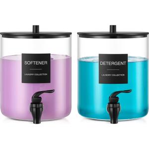 Glass Laundry Detergent Dispenser, 128 oz / 3.5L Fabric Softener Dispenser for Laundry Room Organization, Detergent Holder with Plastic Spigot (Black, 2 Pack)