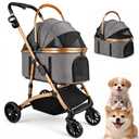 Iononeed 3-in-1 Dog Stroller with Rain Cover, Quick Foldable, Detachable Carrier & Car Seat, for Medium Dogs Cats Up to 50 lbs, Anti-Shock Solid Rubber Wheels, Grey