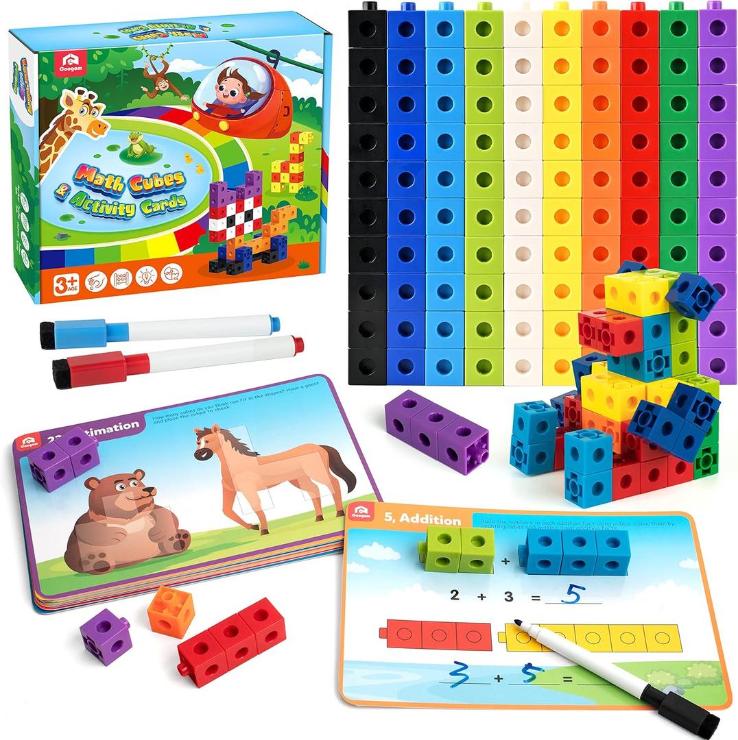 Coogam Math Manipulatives, Math Game for Kids 3-8 with Number Counting Snap Linking Cube, 1st Grade Math Flashcards Toy Gift for Preschool Learning