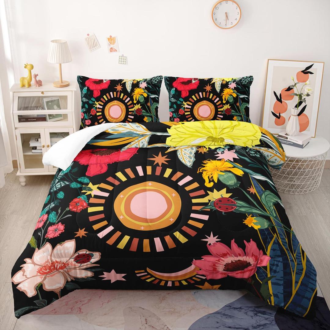 Nttopship 3 Pieces Black Boho Floral Comforter Set,Paisley Bedding Set Queen Size,Colorful Flower Leaves Printed on Black Design,All Season Lightweight Soft Microfiber Bedding with 2 Pillow Shams