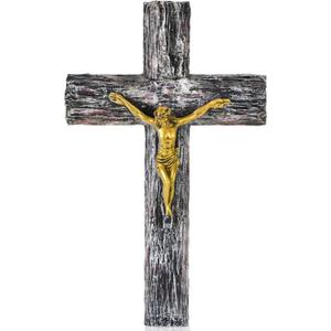 NCPLYGOU Crucifix Wall Cross, Catholic Cross for Wall with Metal Hook, Layered Wood Like Resin Crosses Wall Decor for Church Office Home Baptism, Jesus Wall Art Christian Gifts
