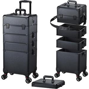 FRENESSA Rolling Makeup Case Makeup Train Case with Lid 5 in 1 Cosmetology Case on Wheels Large Makeup Organizers Salon Cart Barber Trolley Nail Teach Makeup Artist Trunk Cart Black