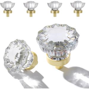 Crystal Knobs for Drawers Brushed Gold Glass Knob, Vintage Cabinet Antique Pulls for Drawer Closet Dresser Cupboard, 1.5 Inch Satin Brass Base Decorative Cabinets Knobs 4 Set