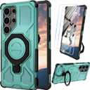 for Samsung Galaxy S25 Ultra Case with Tempered Glass Screen Protector, Heavy Duty Military Grade Shockproof Protective Cover 360 Ring Magnetic Kickstand Cell Phone Case for Samsung S25 Ultra (Green)