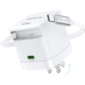 USB-C Charger Block, 45W GaN 2 Port Fast Charging w/Built-in Retractable C Cable & Foldable Plug, PD/PPS for iPhone 16Pro Max/16/Pixel 9 pro/Galaxy/iPad/MacBook (White)