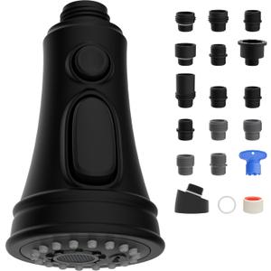 Hibbent Kitchen Faucet Head Replacement, Pull Down Spray Head, 3 Function Faucet Sprayer Nozzle with 15 Adapters, Matte Black