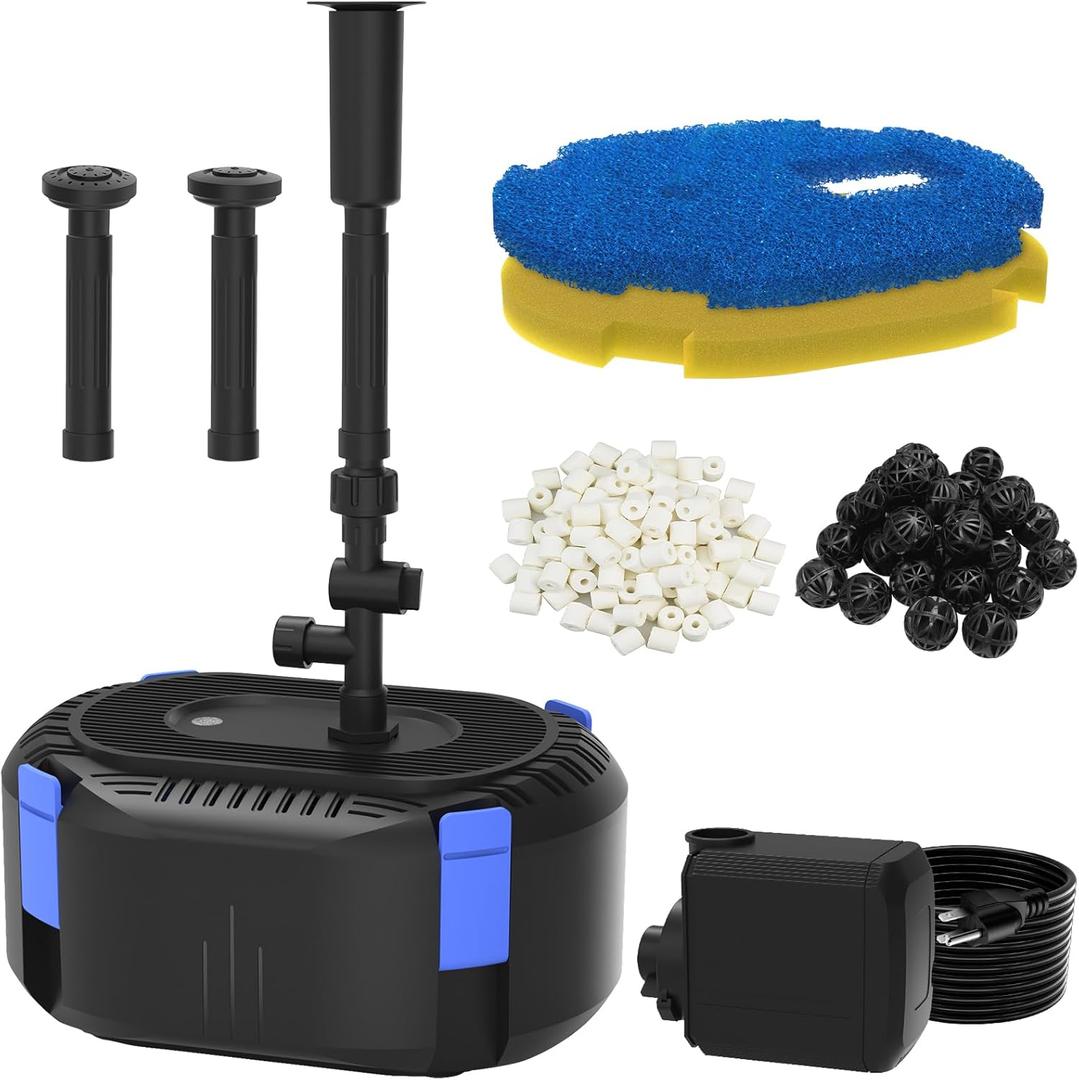 AquaMiracle All-in-One Koi Pond Filters for Outdoor Ponds 500-750 Gal, Pond Fountain Pump with 3 Spray Patterns, Fountain Kit with 850GPH Water Pump for Garden, Water Feature, Bird Baths