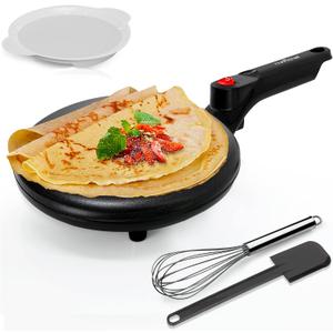 Nutrichef Electric Crepe Maker | 8-inch Nonstick Cooktop with On/Off Switch | Cooks Roti, Tortillas & Pancakes | Automatic Temperature Control & Cool Touch Handle | Includes Food Bowl, Whisk & Spatula (Black)