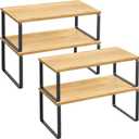 SONGMICS Cabinet Organizer Shelf, Set of 4 Kitchen Counter Shelves, Kitchen Storage, Spice Rack, Stackable, Expandable, Metal and Engineered Wood, Ink Black and Natural Beige UKCS210B01 (15.6"W)