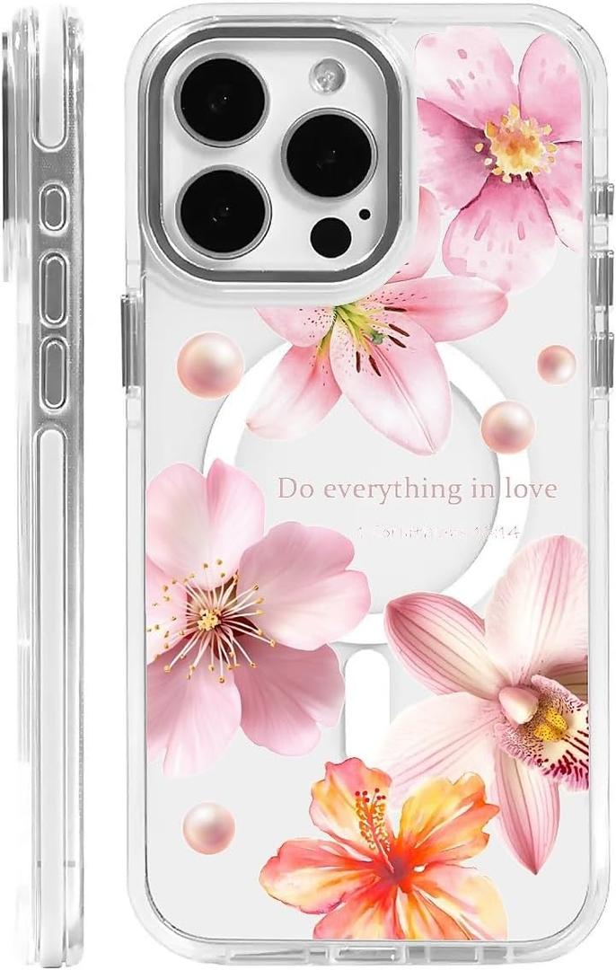 for iPhone 15 Pro Max Case [Compatible with Magsafe],Girls Women Clear Magnetic Case Silicone Shockproof Protective Cover with Pattern Hibiscus Bubbles