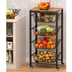 Fruit Vegetable Storage Cart for Kitchen, 5-Tier Vegetable Stand Rack with Pull-Out Fruit Baskets, Rolling Snack Cart with Wood Top & Banana Holder for Pantry, Living Room, Bathroom, Black