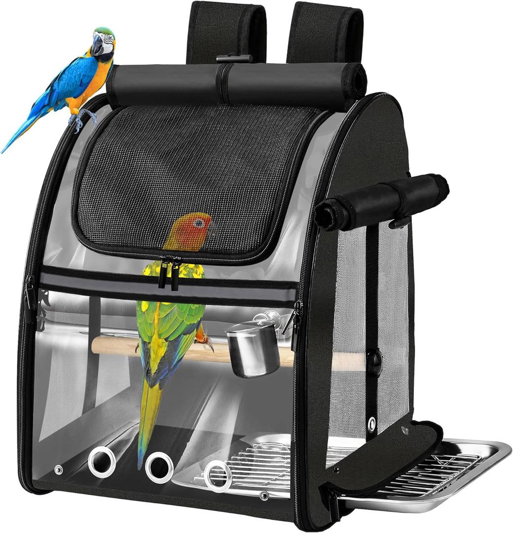 SUERTREE Bird Carrier Bag with Indestructible Stainless Steel Mesh, Bird Travel Cage with Stand, Easy to Clean Backpack for Parrot, Portable Bird Travel Bag, Black