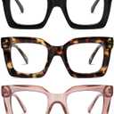 AMOMOMA Retro Oversized Square Reading Glasses for Women Men Blue Light Computer Thick Womens Readers Spring hinge AM6015 (Ac6.black+c10.tortoise+c12.crystal Brown)