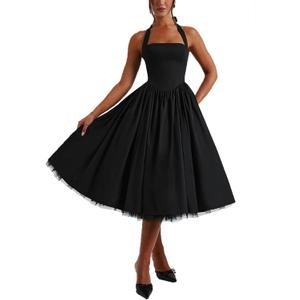 Women Summer Halter Dress Low Cut Sleeveless A Line Tulle Swing Flowy Tea Length Dress Corset Prom Formal Ball Gowns (Black, Small)