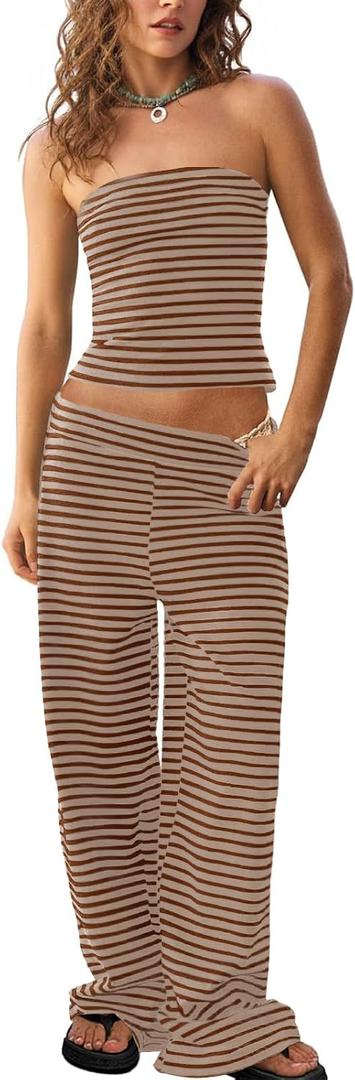 Tankaneo Womens Striped 2 Piece Sets Summer Strapless Crop Tube Tops Wide Leg Pants Matching Lounge Set Vacation Outfits (M)