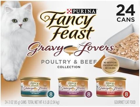 Purina Fancy Feast Gravy Lovers, Poultry & Beef Wet Cat Food, 3oz, 24-Pack | Variety Pack, grilled gourmet texture made with no artificial colors or preservatives, 100 percent complete and balanced Exp. 04/2028