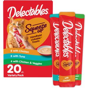 Delectables Squeeze Up Variety Pack, Creamy Squeezable Puree, Lickable Wet Cat Treats, Grain Free, No Added Fillers, No by-Products, No Added Preservatives, 0.5 Ounces Tube, 20 Tubes Total (EXP 08/21/26)