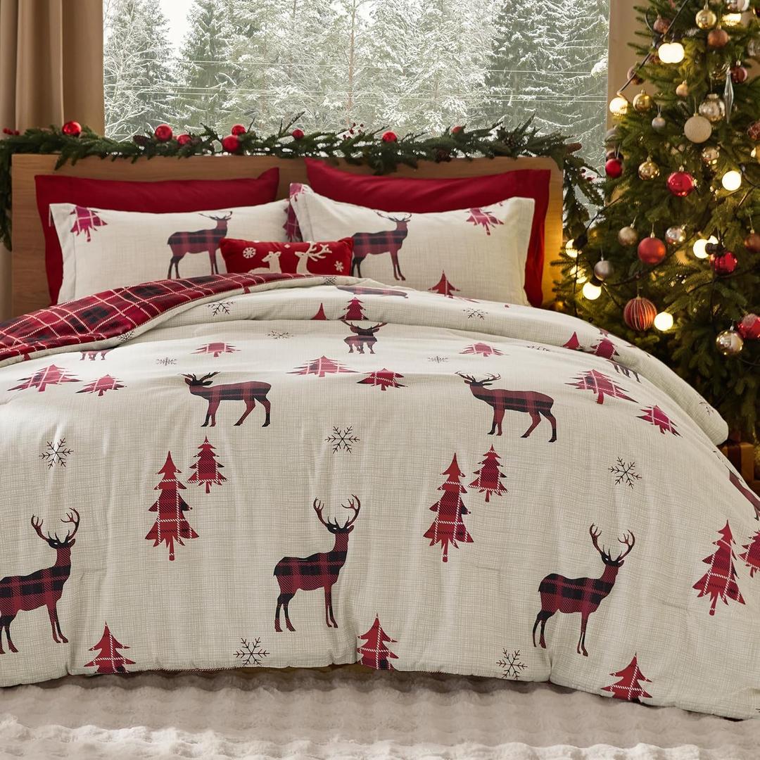 Bedsure Christmas Comforter Set Twin - Christmas Bed Set with Reindeer, Soft Bedding for Holiday, 2 Pieces, 1 Reversible Buffalo Check Printed Comforter and 1 Pillow Sham