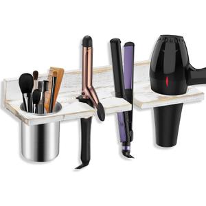 Hair Tool Organizer Wall Mounted, Sturdy Pine Wood Construction, Removable Stainless Steel Cup, Holds Hair Dryers, Straighteners, Curling Irons, Brushes, and More, White