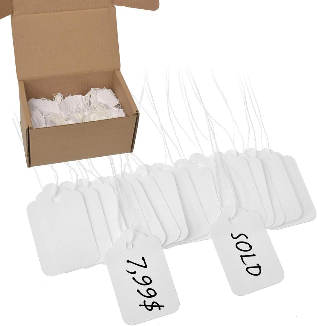 Blank White Marking Tags, Size 1 3/4'' x 1 3/32'',1000 pcs, Prestrung with 4.5" Cotton String