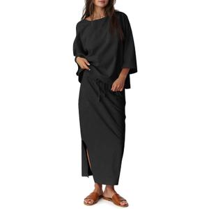 Tankaneo Womens 2 Piece Skirt Sets Oversized 3/4 Sleeve Top and Maxi Skirt Fall Matching Outfits Travel Vacation Set (Black, X-Large)