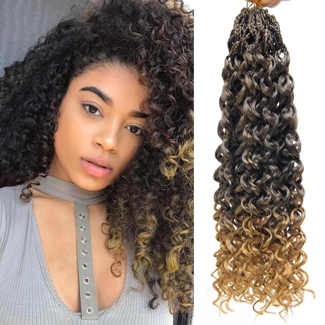 Gogo Curl Crochet Hair 18 Inch, Pre Looped Boho Curly Crochet Hair for Black Women, Water Wave Synthetic Braiding Hair, Lightweight, Natural Look, Easy Install (8 Packs,1B/27)
