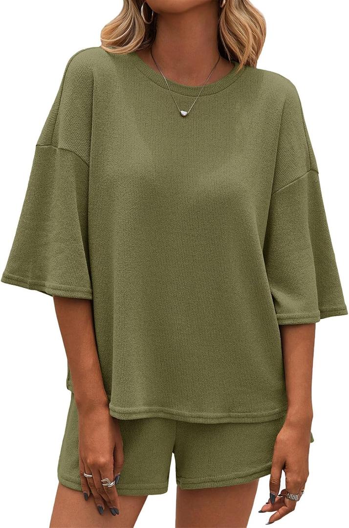 Tankaneo Womens 2 Piece Outfits Sweater Set Lounge Sets 3/4 Sleeve Oversized Tops and Elastic Waist Shorts Pajama Sets (Green)