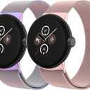 2 PACK Metal Band for Google Pixel Watch 3 41mm Bands/Google Pixel Watch 2/1 Bands Women Men, Stainless Steel Mesh Loop Adjustable Wristband Replacement Straps (Colorful/Rose Pink)