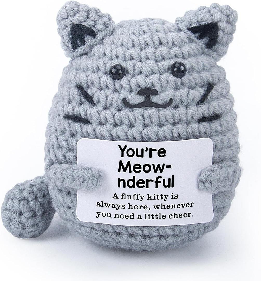 Handmade Cute & Funny Crochet Cat - Inspirational & Colleague Gifts for Men | Positive Animal Decor | Valentine's Day, Birthday Stocking Stuffers (Grey)