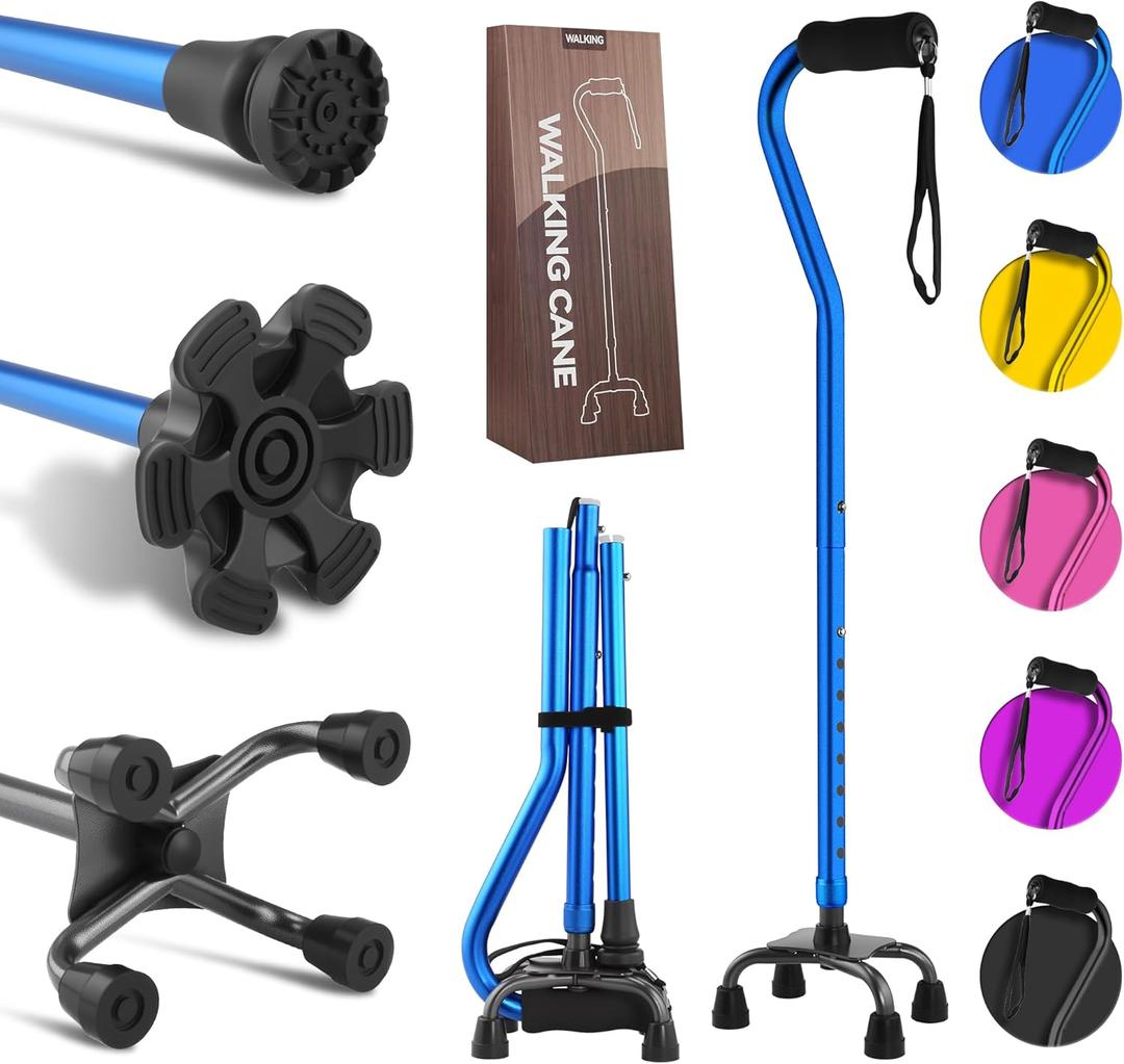 LIXIANG Walking Canes Stablize Women Quad Canes for Seniors & Adults Foldable Adjustable for Men & Women Heavy Duty Freestanding Cane for People with Leg Injuries 3 footings (Blue)