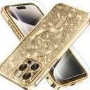 Misea Magnetic for iPhone 15 Pro Max Case Compatible with MagSafe [Military Grade Drop Protection] Full Camera Lens Protector Plating Glitter Soft Phone Case for Women Girls, Gold