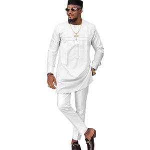 African Church Suits for Men Dashiki Shirt Pant Two Piece Outfits Casual Attire Nigerian Clothes (White, L)