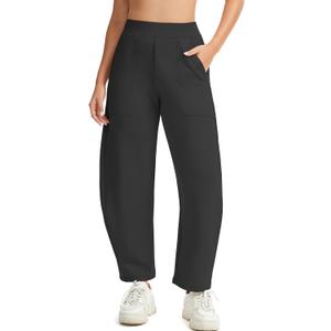 Womens Baggy Wide Leg Pants Barrel Leg Sweatpants Casual Elastic Waisted Stretch Travel Pants with Pockets (Large, Black)