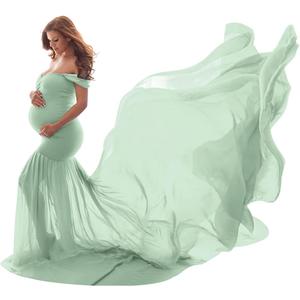 Women Maternity Dress for Photography Mermaid Off Shoulder Slim Fitted Chiffon Gown Flowy Baby Shower Maxi Photo Props Dress (Green, One Size)