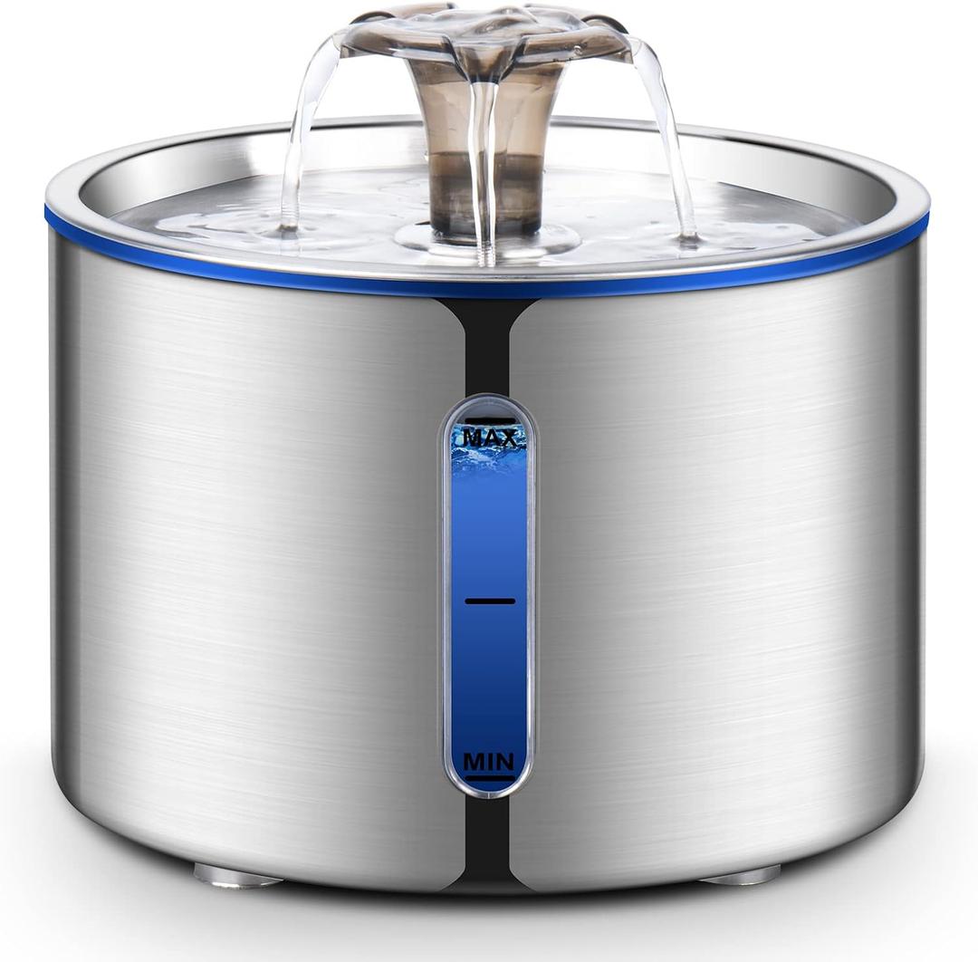 BOORCA Cat Water Fountain, 84oz/ 2.5L Stainless Steel Pet Water Fountain for Cats, Dogs and Multiple Pets, Automatic Dog Water Dispenser with Water Level Window, Ultra-Quiet Pump