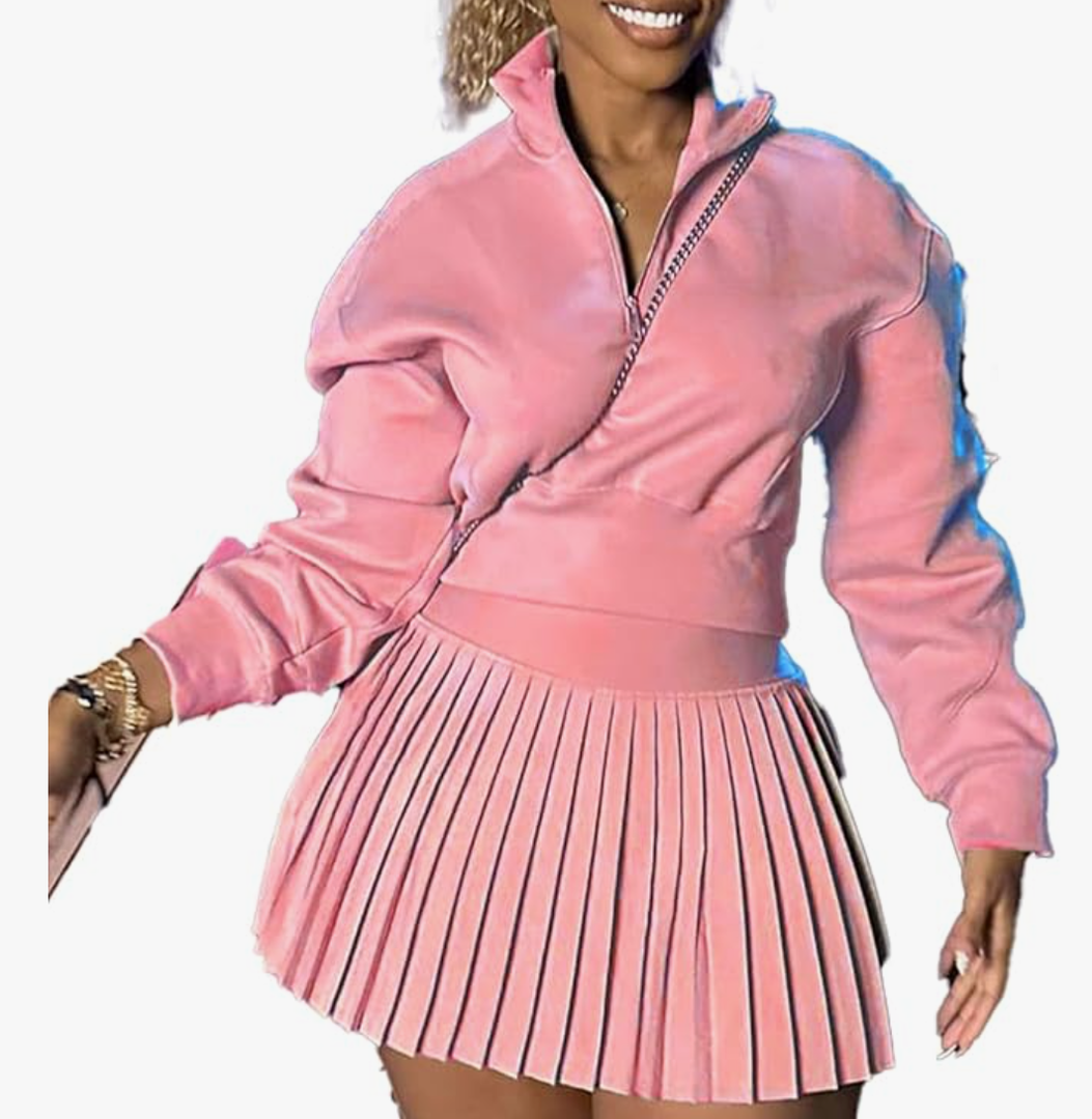 Women's Fall 2 Piece Outfits Casual Half Zip Long Sleeve Sweatshirt and Mini Pleated Skirt Set Workout Sweatsuit Medium Pink