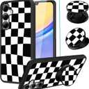 SAKUULO Compatible with Samsung Galaxy A15 5G Case, [Screen Protector + Kickstand] Black Plaid Checkered Aesthetic Cute Design,Tire Texture Anti-Slip Shockproof Ultra Thin Protective Case 6.5inch