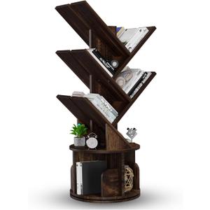 UniRodea Rotating Bookshelf Tree, 5 Tier Space Saving Narrow Bookcase, Unique 360 Spinning Tower, Premium Wood Corner Book Shelf for Kids or Office, Tall Standing Storage Organizer