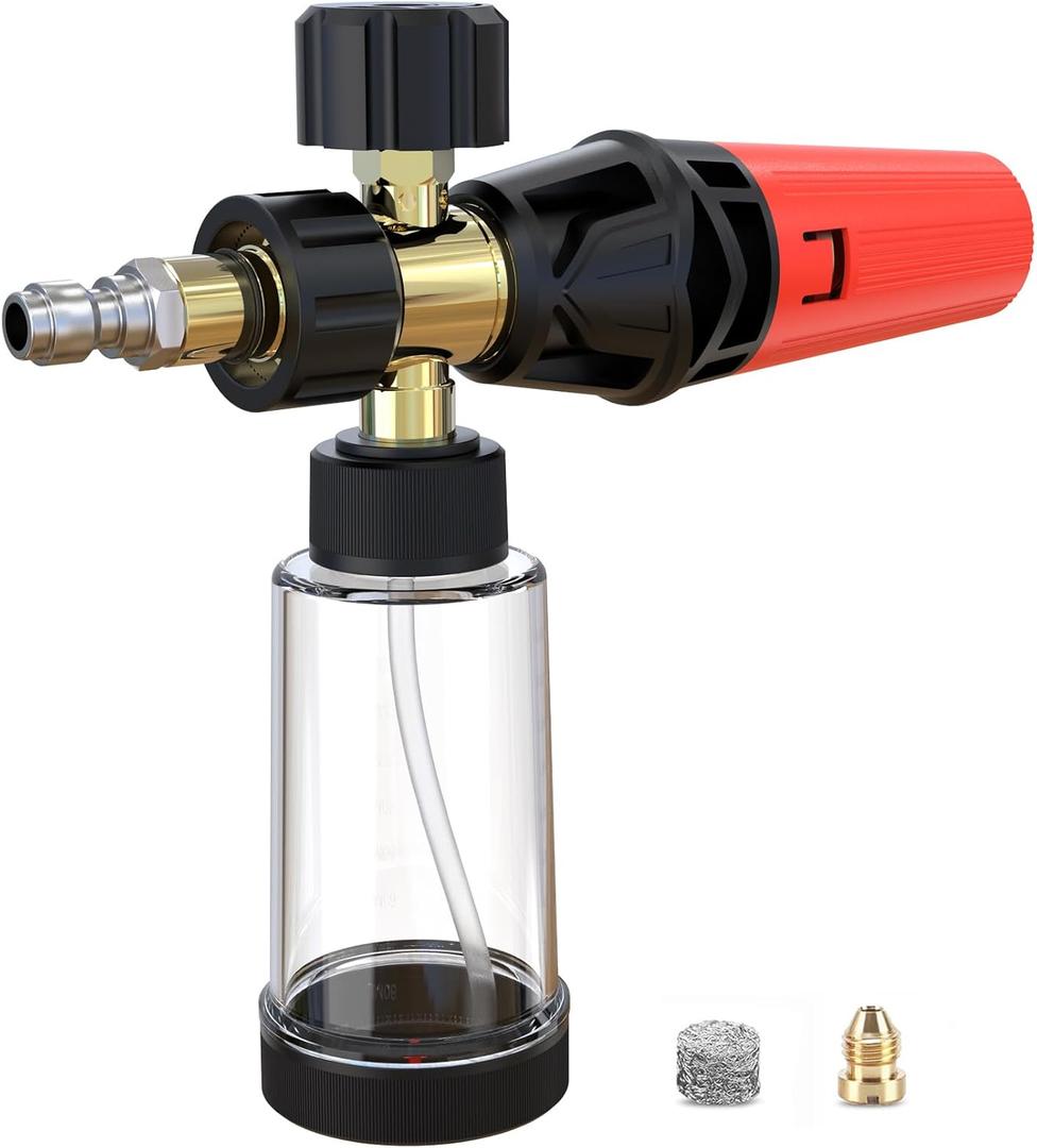 Foam Cannon Pro, Foam Cannon for Pressure Washer with 1/4" Quick Connector, Mini Soap Cannon with Adjustable Nozzle for car wash, Additional 1.1mm Orifice Nozzle (Black - Red)