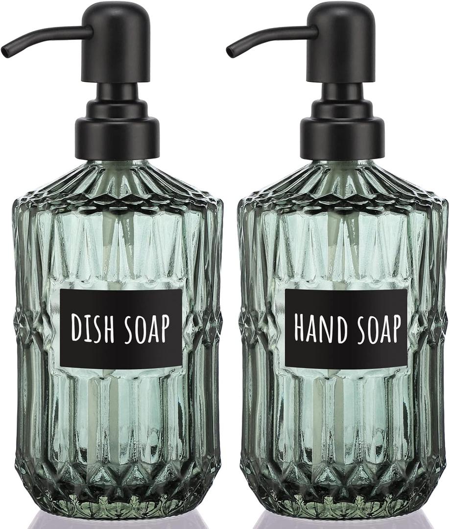 Segbeauty Glass Soap Dispenser Set, 2 Pack 15.2oz Farmhouse Kitchen Decor Stainless Steel Pump Bottles, 450ml Refillable Shower Bottle Hand Soap Dispenser for Modern Home Bathroom Western Decor Green