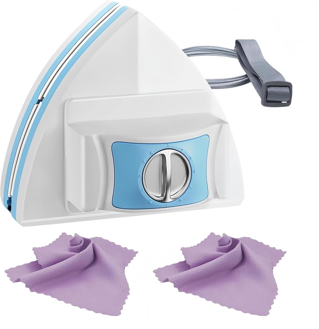 Magnetic Glass Cleaner Tools - Double Sided Windows Glass Cleaner Wiper for 5-25mm Single Double Glass with 2 Pc Pink Microfiber Cleaning Cloth 5-Files Adjustable Windshield Cleaner Tool for High-Rise