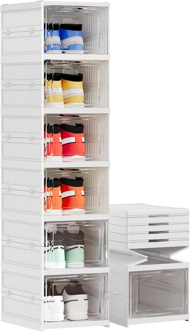 Harmon Wandyer Shoe Storage Organizer Box 6Tier Foldable Collapsible Stackable Shoe Rack Bins, Fit Size 12, No Assembly, for Men and Women