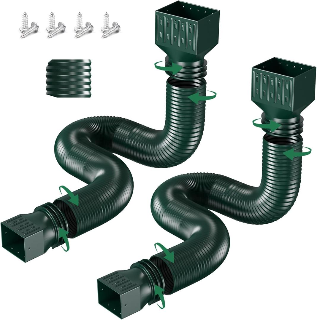 2 Pack Rain Gutter Downspout Extensions, Upgraded Flexible Drain Down Spout Extender for Rain Water Drainage, Each Extendable from 20" to 66", Combine to 10 ft with Connector(Green)