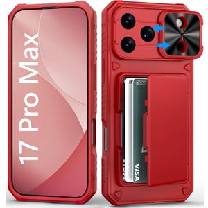 BXYJY Wallet Case for iPhone 17 Pro Max, Card Holder (4-5 Cards), Slide Camera Cover, Daily Drop Protection, Heavy Duty Women Girly Men Protective Phone Cover for iPhone 17 Pro Max 6.9" 2025, Red